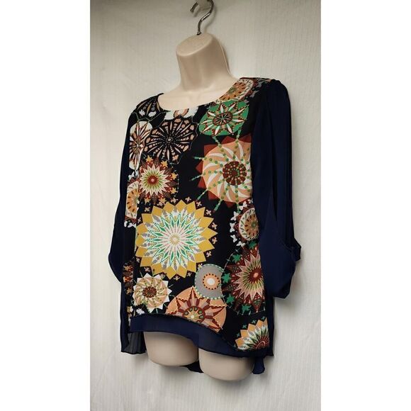 Lan Yi ZI Kou Hi-Low Tunic Blue Geometric Pleated Back 3/4 Sleeve Top Large - Picture 5 of 8